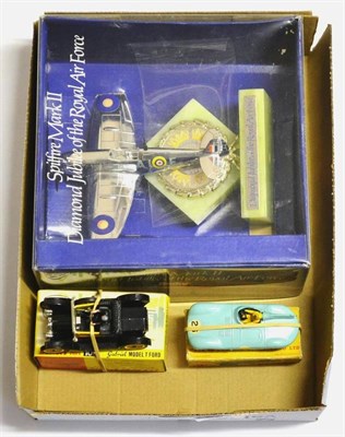 Lot 227 - Dinky Three Boxed Models 238 D-type Jaguar, yellow driver (chips to head) and blue plastic hubs...