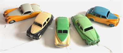 Lot 228 - Dinky Two-Tone Cars Austin Somerset black/cream, Austin Devon yellow/blue, Morris Oxford...