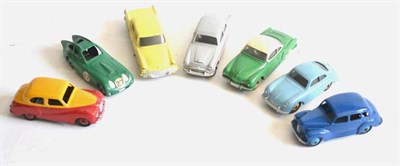 Lot 229 - Dinky Unboxed Cars Austin Somerset red/yellow (G-E) Austin Devon dark blue, Porsche 356, Austin...