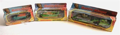 Lot 245 - Matchbox Battlekings,  K106 Tank transporter, metallic green with red clip K105 Hover Raider...