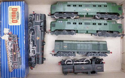 Lot 28 - Hornby Dublo 3-Rail Four Locomotives, EDL18 2-6-4T BR 80054 (boxed), two CO-CO diesel electric...