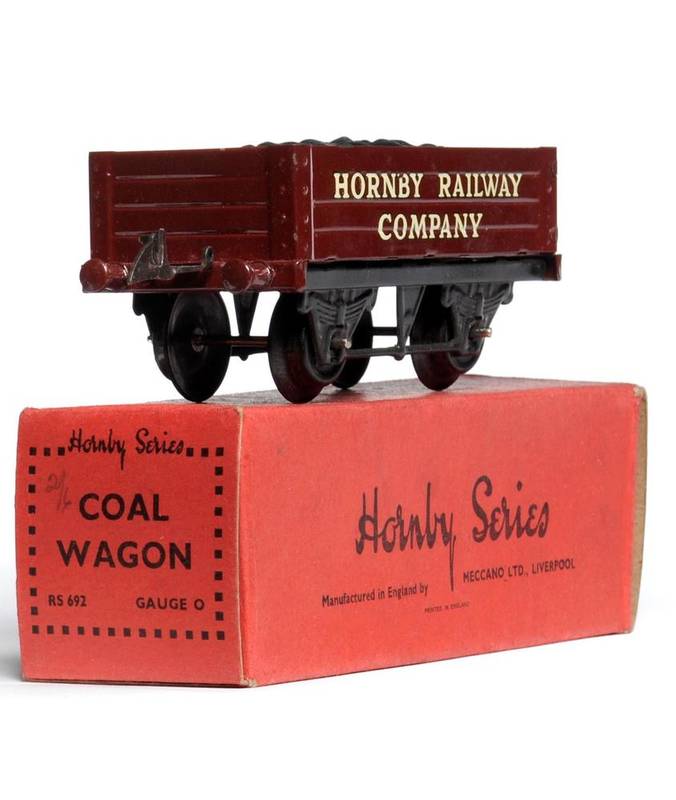 Lot 57 - Hornby Series Coal Wagon maroon with coal load ";Hornby Railway Company"; (E-G, one coupling...