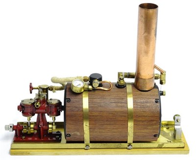 Lot 97 - Cheddar Models Puffin Steam Plant, horizontal boiler with lagging attached to a small twin cylinder