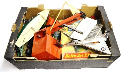 Lot 112 - Mettoy Delta Jet X-1 with friction motor (Excellent box Good) Triang 12"; Racing yacht, plastic...