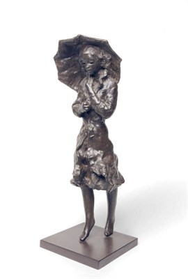 Lot 1191 - Sydney Harpley (1927-1992): A Windswept Girl with an Umbrella, dark patinated bronze, on a...