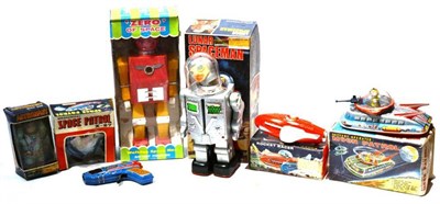 Lot 117 - Various Space Related Toys TPS Moon Patrol, NFIC Rocket Racer, Hong Kong Lunar Spaceman and Zero of