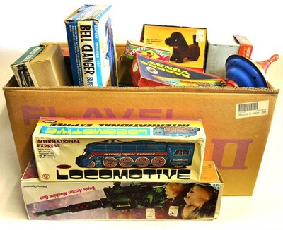 Lot 121 - Various Tinplate Train And Novelty Toys including International express, Silver Streak, Bell...