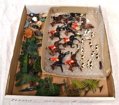 Lot 152 - Britains Hunt Figures And Others including fox, 15 hounds in various poses, 5 riders in Pinks...