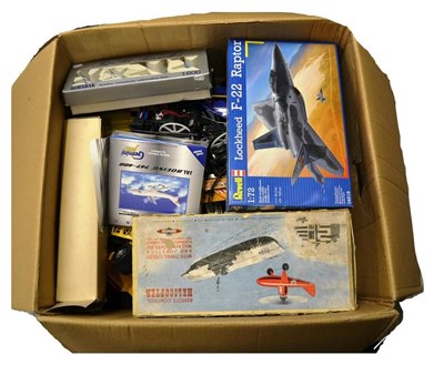 Lot 196 - Mixed Toys, including Thames Cabin Cruiser, boxed model kits, two plastic cranes, boxes...