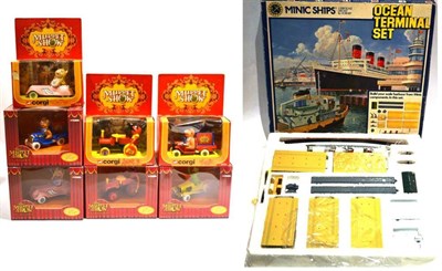 Lot 210 - Minic Ships Ocean Terminal Set with Queen Mary liner (E box G-F); Corgi Muppets: 2031 Fozzie,...