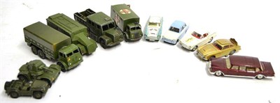 Lot 250 - Dinky Military 10-ton truck, Armoured Command Car, Artillery tractor (lacks tilt), Ambulance,...