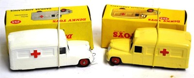 Lot 290 - Dinky 2x253 Daimler Ambulances (1) white with windows and red plastic hubs (2) cream with...