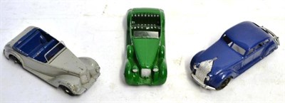 Lot 302 - Dinky Three Early Post-War Cars Chrysler Airflow saloon (reproduction grill and bumper) Lagonda...