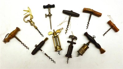 Lot 313 - A Collection of Ten Corkscrews, including a Robert Jones & Sons Patent, the brass barrel inset with