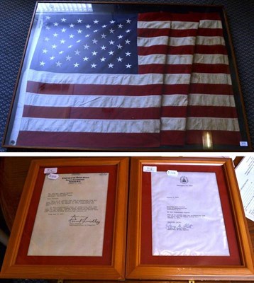 Lot 316 - A Framed United States Stars and Stripes Flag, with two framed letters confirming that it was flown