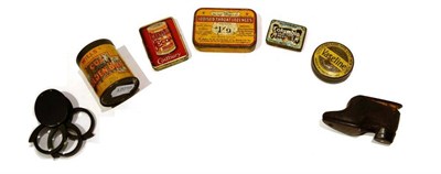 Lot 325 - Leather 'Boot' Snuff Box And Advertising Tins including Bourneville Cocoa, Wills Golden Bar,...