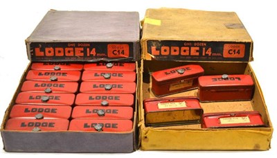 Lot 340 - Two Trade Boxes of Vintage Lodge C14 Spark Plugs, one full box containing twelve 14mm spark...