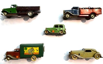 Lot 42 - Five Tri-ang Minic Clockwork Tinplate Vehicles, comprising CP & O delivery van, refuse wagon,...
