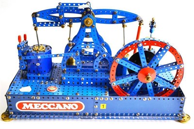 Lot 49 - A Working Meccano Model of a Beam Engine, constructed of parts in blue and red, with motor,...