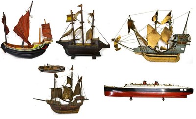 Lot 60 - Seven Wooden Models of Boats, including a large model of the liner 'Queen Mary', Spanish...