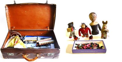 Lot 85 - Mixed Toys, including a box of lead figures, clockwork tinplate gorilla, clockwork rabbit, bear and