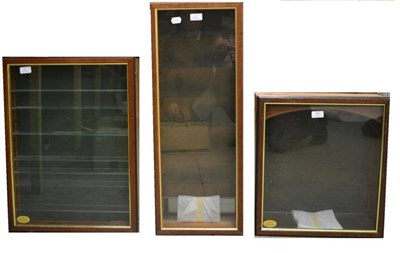 Lot 142 - Three Small Glazed Wooden Wall Mounted Display Cases, with glass shelves, suitable for...