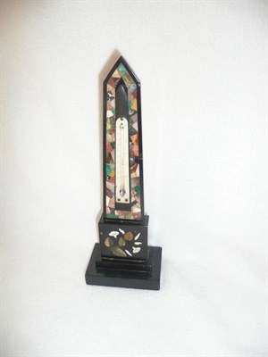 Lot 1234 - A Derbyshire Pietra Dura Obelisk Table Thermometer, circa 1860, the ivory vernier and tube on a...