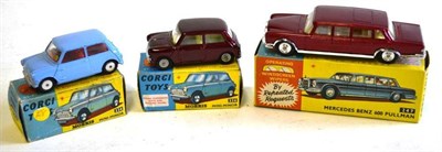 Lot 187 - Three Boxed Corgi Cars - Mini Minor No.226, one in powder blue, the other in metallic maroon,...