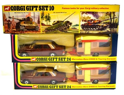 Lot 199 - Three Boxed Corgi Gift Sets, comprising two Mercedes Benz 240D & Touring Caravan GS24 and a...