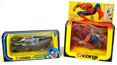 Lot 200 - Two Boxed Corgi TV Related Vehicles - Batmobile No.267, with missiles, in window box and Spiderbike