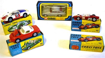 Lot 204 - Five Boxed Corgi Sports / Racing Cars - James Bond Aston Martin No.270, Porsche Carrera No.330,...