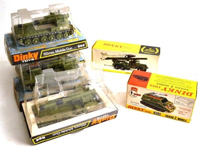 Lot 229 - Six Boxed Dinky Military Vehicles - Shado 2 Mobile No.353, Honest John Missile Launcher No.665...