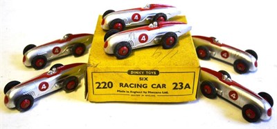 Lot 231 - A Dinky Type 5 Trade Box of Six Racing Cars, numbered 220 and 23A, in silver and red, racing number