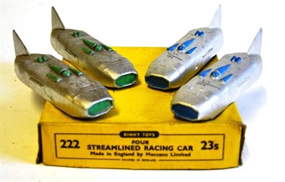 Lot 232 - A Dinky Type 5 Trade Box of Four Streamlined Racing Cars, numbered 222 and 23s, two in silver...