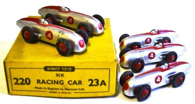 Lot 233 - A Dinky Type 5 Trade Box of Five Racing Cars, numbered 220 and 23A, in silver and red, racing...