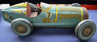 Lot 58 - A Mettoy Clockwork Tinplate Racing Car, lithographed in light blue and yellow, racing number 7,...