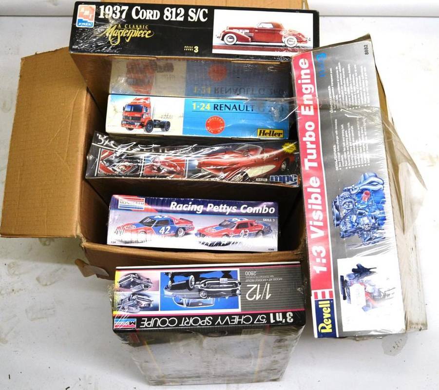 Lot 70 - Six Large Boxed Unmade Plastic Model Kits of Motor Vehicles - Monogram 57 Chevy and Racing...