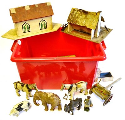 Lot 152 - A Collection of Wood and Composition Animals and Accessories, including a small Noah's Ark with...