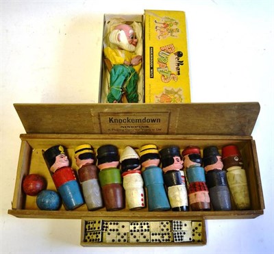 Lot 170 - Three Boxed Toys:- Gepetto Pelham Puppet, in yellow box;  Knockemdown Ninepins wooden skittle game