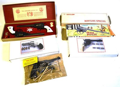 Lot 177 - Five Boxed Toy Cowboy Guns - Zebra Toys Buntline Trail Blazer, BCM pair of Outlaw Guns with...