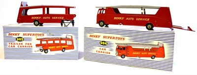 Lot 266 - A Boxed Dinky Supertoys Car Transporter No.984, together with Trailer No.985, in blue striped boxes