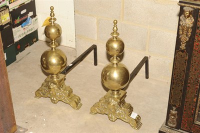 Lot 1272 - A Pair of Brass Fire Irons, 18th/19th century, as two graduated spheres conjoined by flattened...