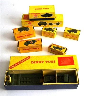 Lot 279 - Eight Boxed Dinky Military Vehicles - 25-Pounder Field Gun Set No.697, Tank Transporter No.660,...