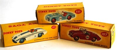 Lot 282 - Three Boxed Dinky Open Topped Sports Cars:- Triumph TR2 No.111, with light green body, red interior