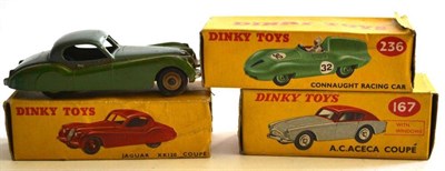 Lot 283 - Three Boxed Dinky Sports Cars:- A.C.Aceca Coupe No.167, with grey body, red roof and hubs;...