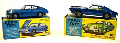 Lot 289 - Two Boxed Corgi Cars:- Lancia Fulvia Sport Zagato No.332, in metallic blue; Oldsmobile Tornado...
