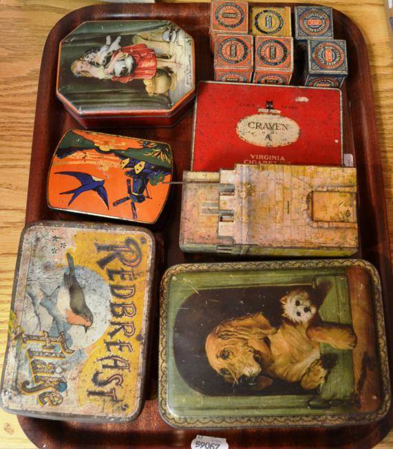 Lot 303 - Vintage Tins, including a Peek Frean Castle biscuit tin (a/f), six miniature Huntley & Palmers...