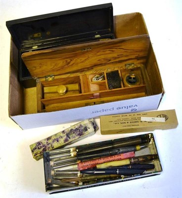 Lot 311 - Writing Accessories, including a cedar wood writing box, lacquered box and a selection of pens