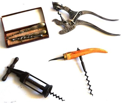 Lot 316 - Five Corkscrews, including Lund's Patent Lever, London Rack type, steel Peg and Worm, antler...