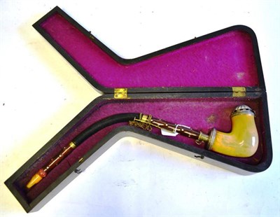 Lot 319 - A Large Meerschaum Pipe, with plated mounts and cover, mother of pearl inset holly stem with...